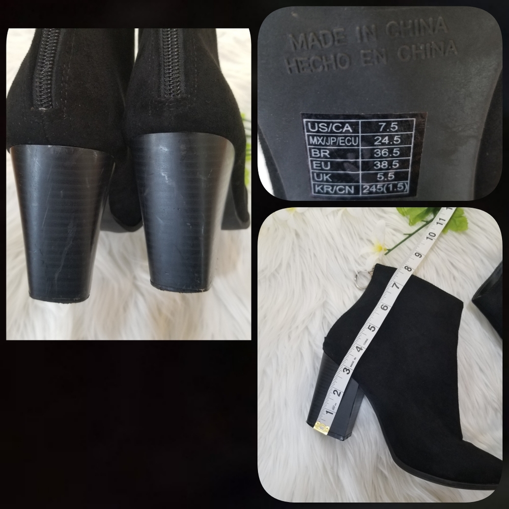 Pointed Toe Suede Black Ankle Boots With Heel Size 7.5, With Zipper Closure. - Picture 16 of 16